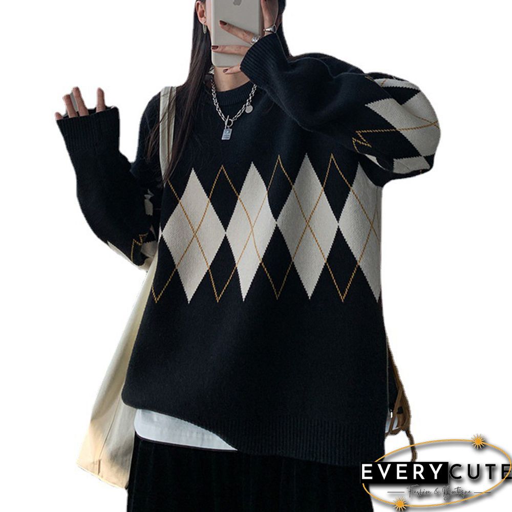 Women Argyle Knitted Sweater Autumn Winter O Neck Oversized Pullovers Korean Preppy Style Loose Jumper Female Sweaters