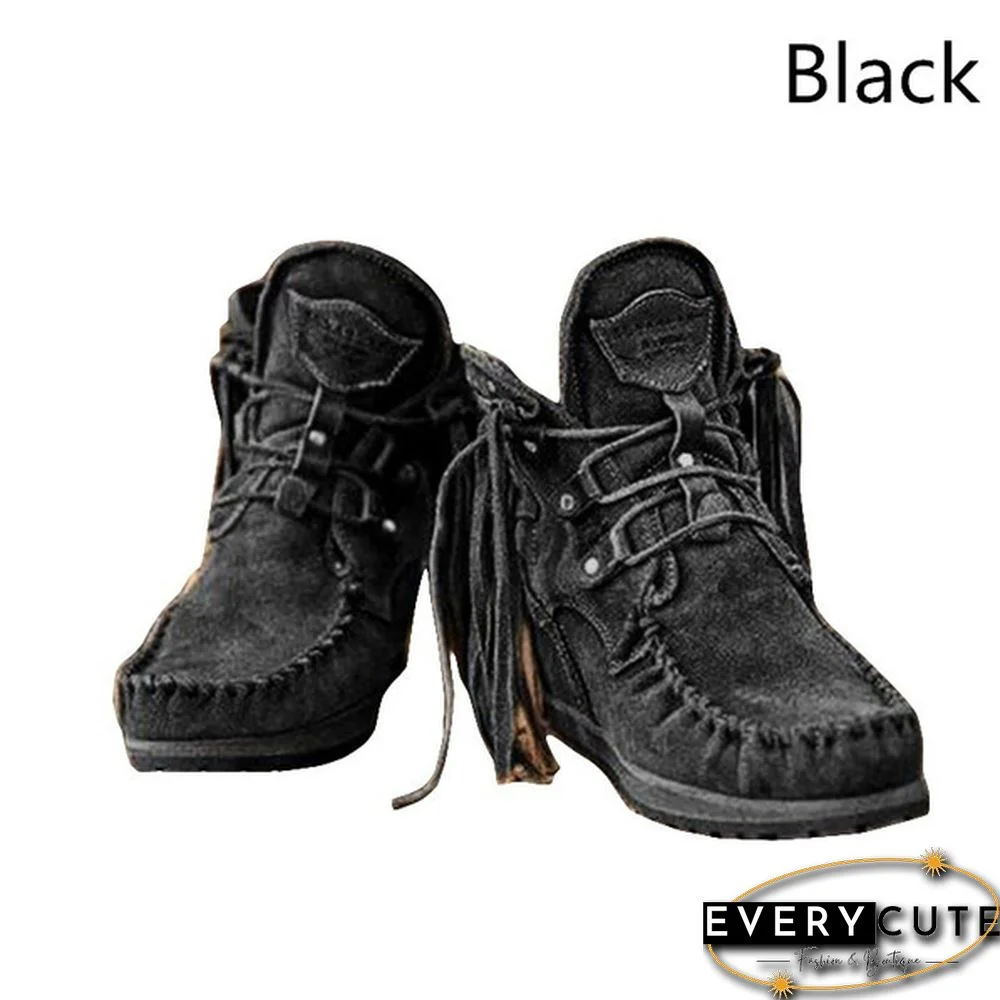 HOT Trend Fashion Faux Leather Tassel Boots for Women Short Platform Boots High Top Martin Boots Vintage Chunky Low Heel Short Boot Ankle Booties Flat Boots Autumn Winter Shoes for Female Plus Size