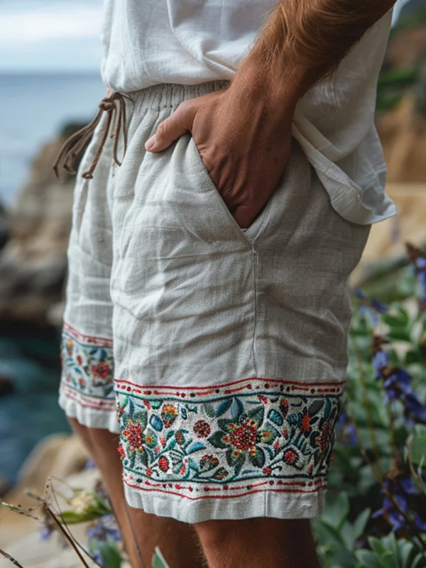 Men's Vintage Floral Printed Drawstring Beach Casual Shorts