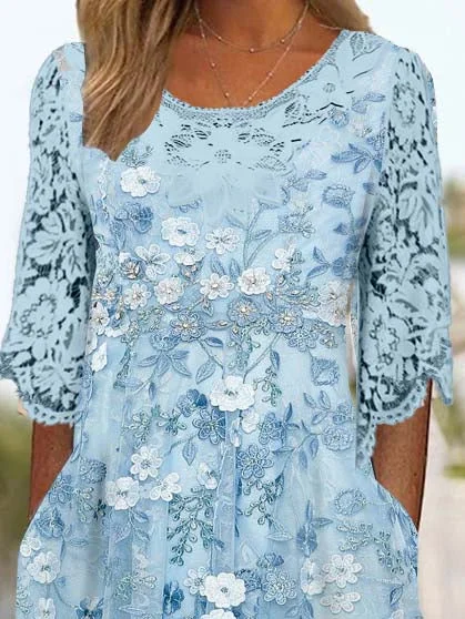 Women's 3/4 Sleeve Scoop Neck Floral Printed Lace Stitching Midi Dress
