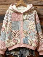 Women's Bohemian Floral Knit Jacquard Button Hooded Sweater