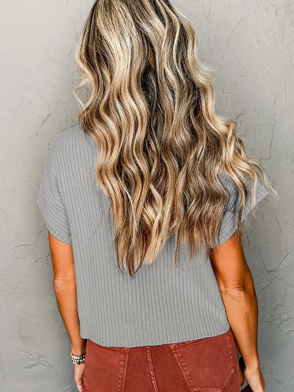 Grey Ribbed Knit Top with Short Sleeves