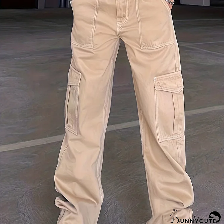 Loose Fit High Waist Cargo Pants, Wide Legs High Rise Flap Pockets Non-Stretch Straight Legs Denim Pants, Y2K Kpop Vintage Style, Women's Denim Jeans & Clothing