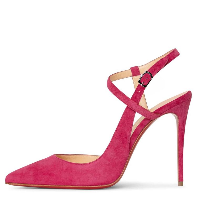 100mm Women Slingback Pumps Ankle Strap Jenlove Stiletto Mid Heel Close Pointed Toe Dress Red Bottoms Heels