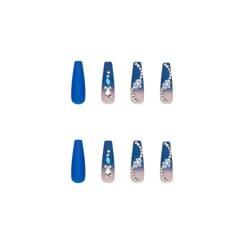 24pcs/Set False Nails Extra Long Blue Gradient Rhinestone Coffin Fake Nails Detachable Beauty Flower Ballerina Nail Art Tips-Nail Inspo