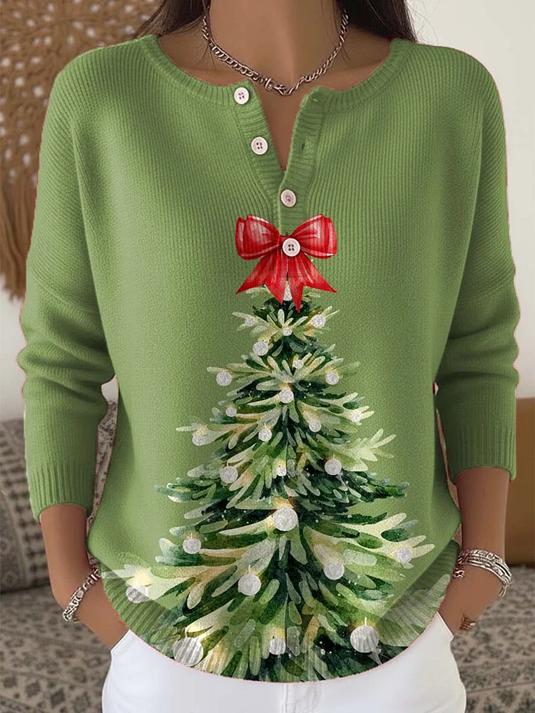 Women's Christmas Tree Pattern Art Print Buttoned Cardigan Sweater