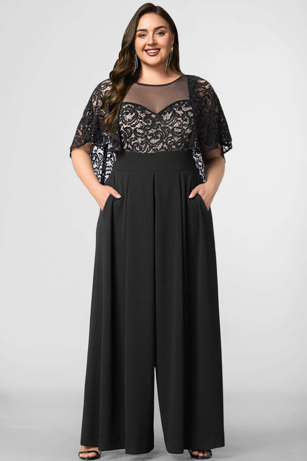 Flycurvy Plus Size Mother Of The Bride Black Chiffon Lace Pocket Jumpsuit