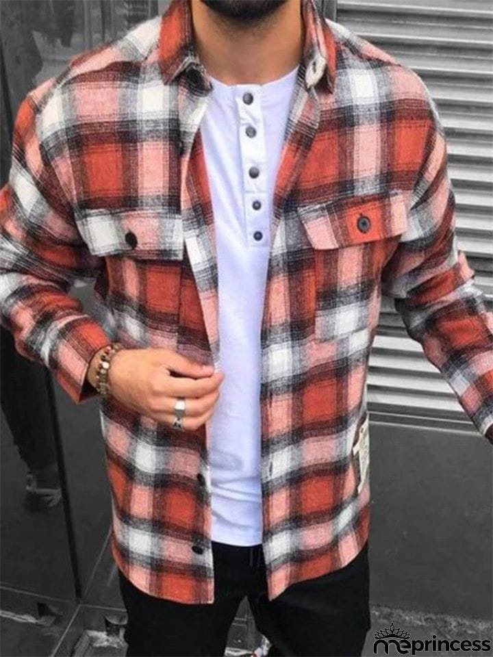 Men's Popular Plaid Contrast Color Button Down Autumn Coats
