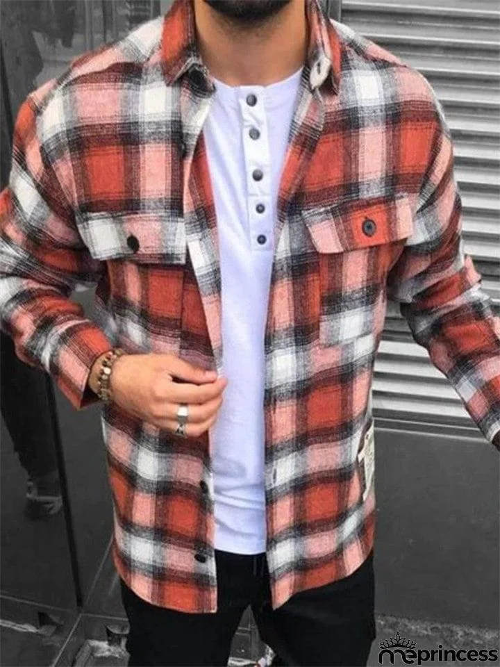 Men's Popular Plaid Contrast Color Button Down Autumn Coats