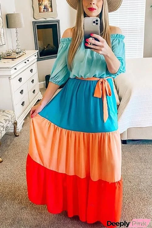 Color Block Off Shoulder Puff Sleeve Maxi Dress