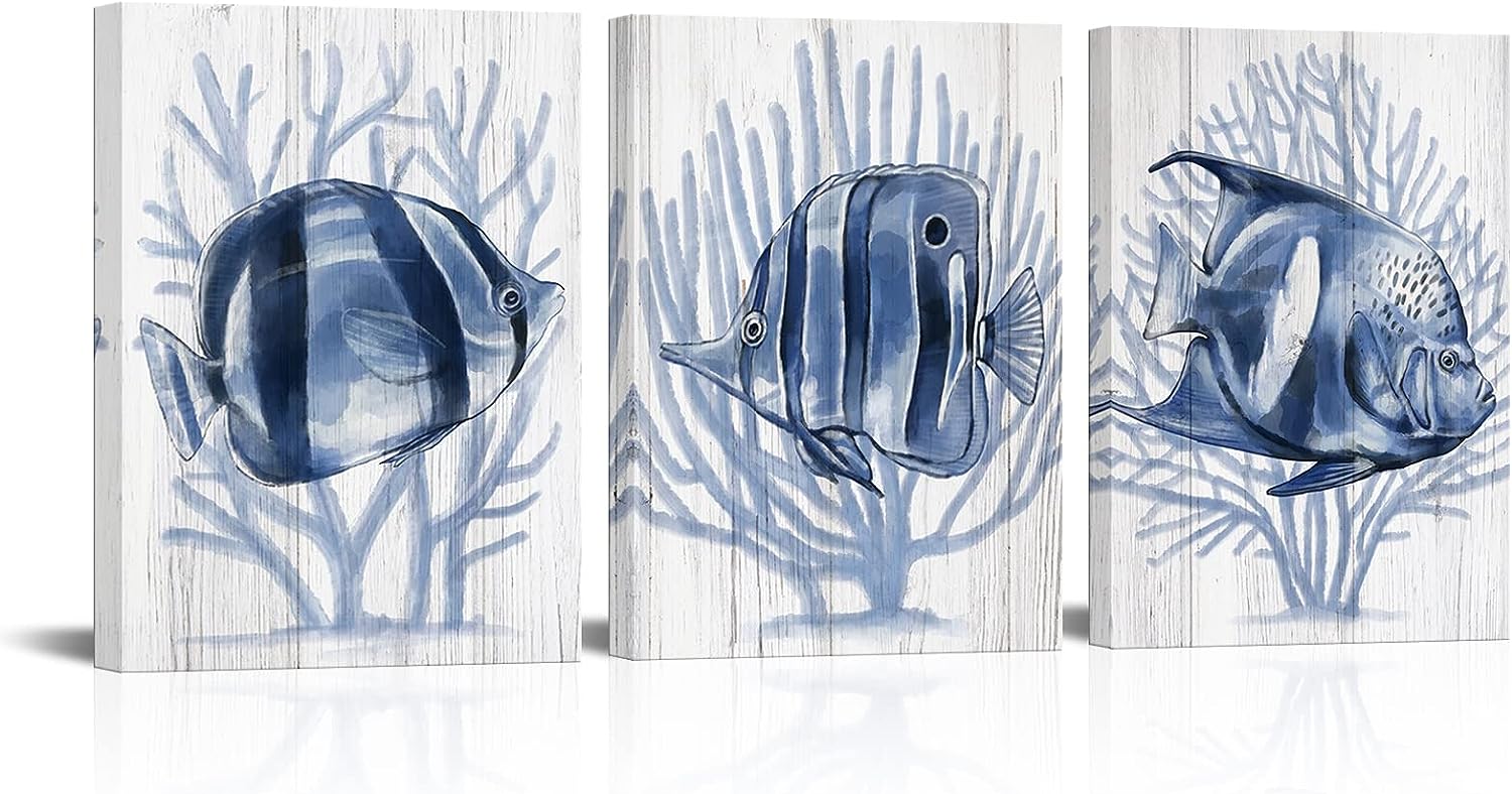 sechars 3 Piece Tropical Fish Canvas Wall Art Sea Animal with Blue Coral Painting Prints Marine Life Pictures for Living Room Bedroom Bathroom Navy Decor Ready to Hang (Blue) Blue