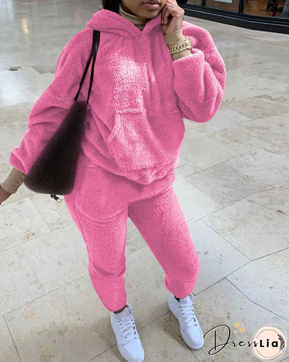 Plain Fluffy Teddy Hooded Top & Pants Set
