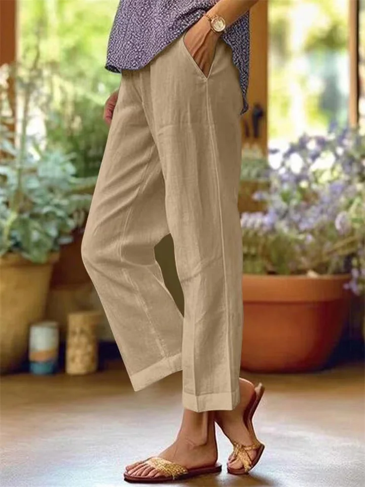Women's Cotton Linen Loose Solid Color Elastic Waist Straight Casual Pants Plus Size Nine Pants-JRSEE