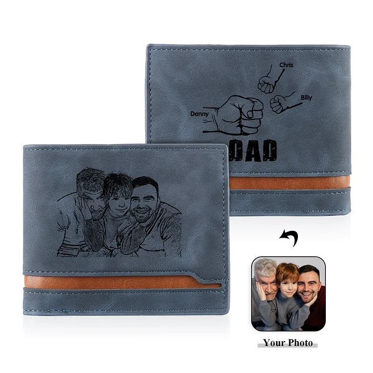 3 Names - Personalized Photo Custom Leather Men's Folding Wallet as a Father's Day Gift for Dad