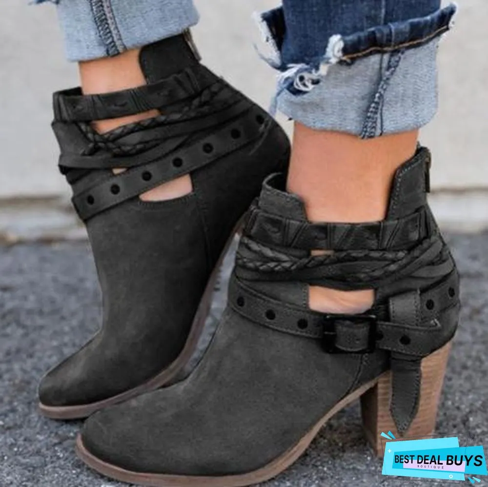Women Boots Chunky Heels Winter Shoes Woman Suede Leather Snow Ankle Boots