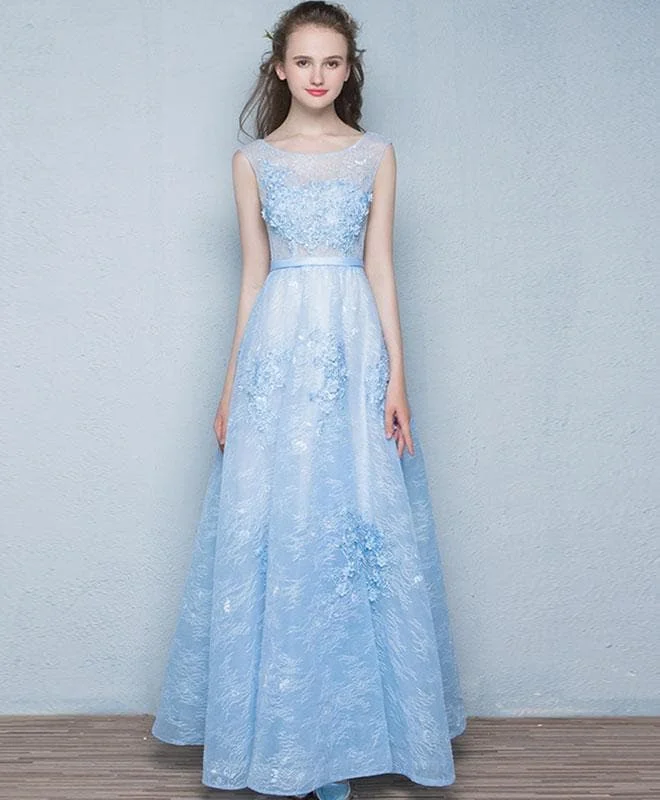 Light Blue See Through Tulle Long Prom Dress, Lace Evening Dress