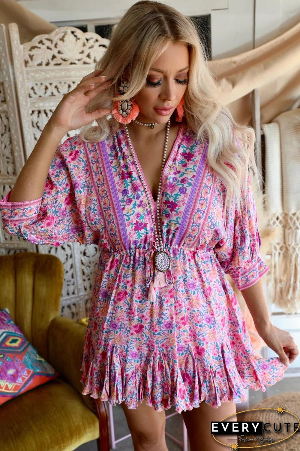Pink Boho Ruffled V Neck Floral Mini Dress