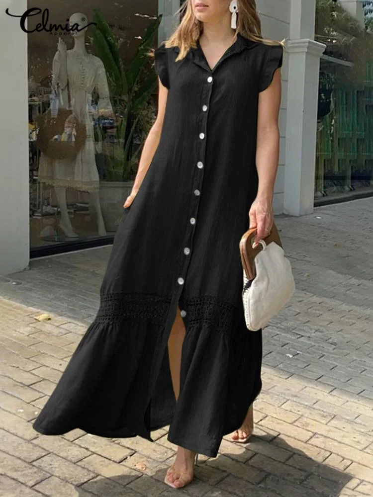 Women Tank Sundress Fashion 2022 Celmia Casual Flare Sleeve Solid Shirt Dresses Summer Single Breast Lapel Cotton Long Maxi Robe