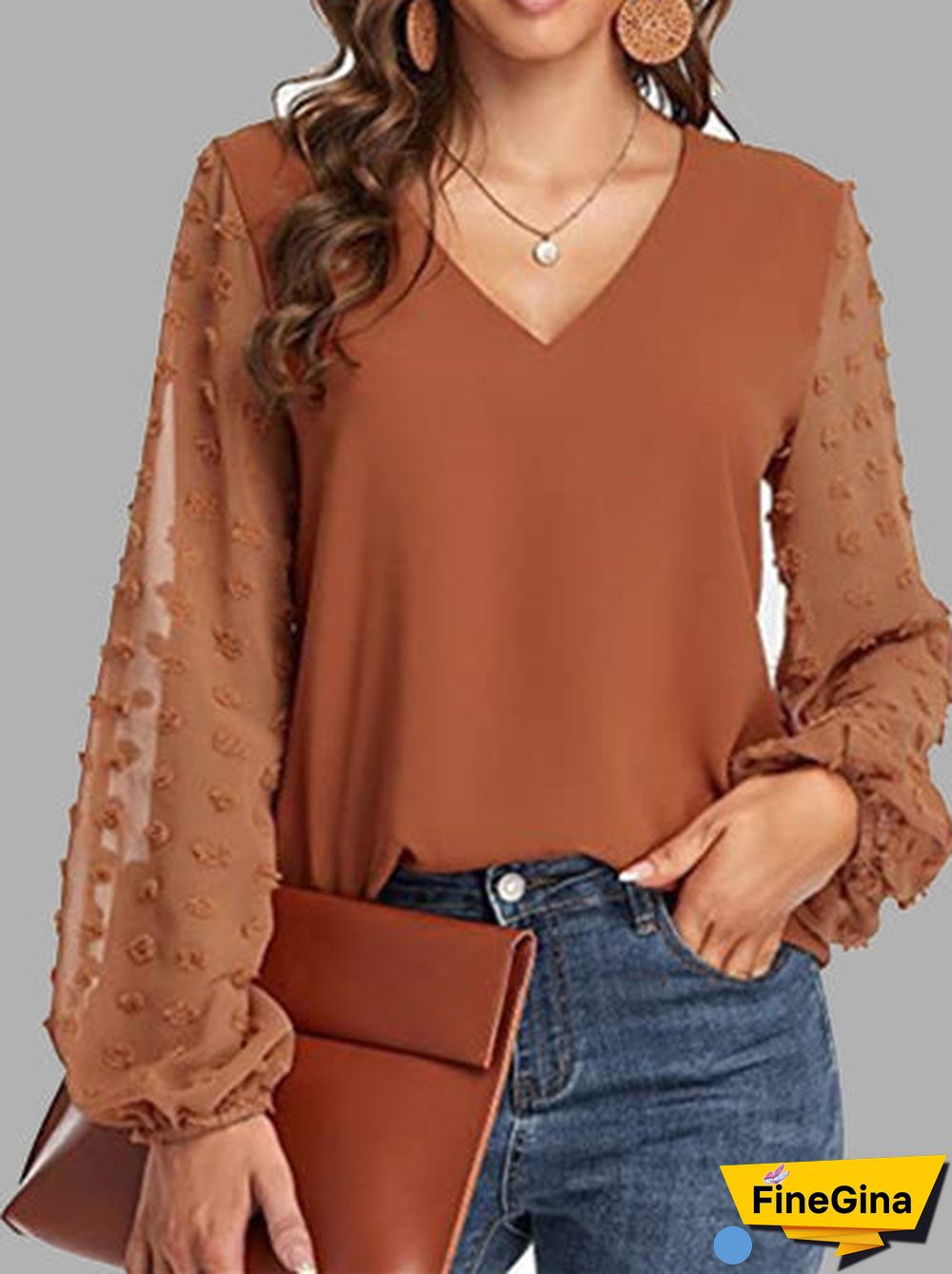 Women's Stitching Polka Dot Solid Color V-Neck Long Sleeve Top