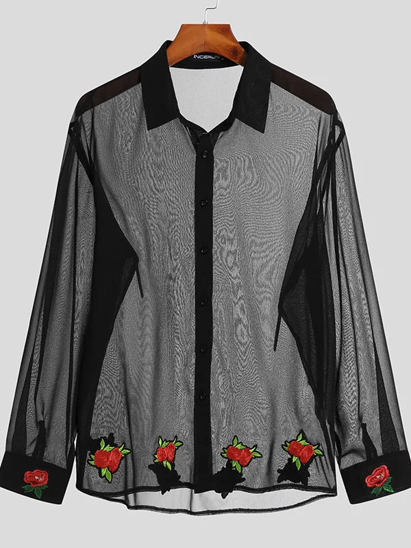 Aonga - Mens See-through Rose Embroidery Long-sleeved ShirtsI