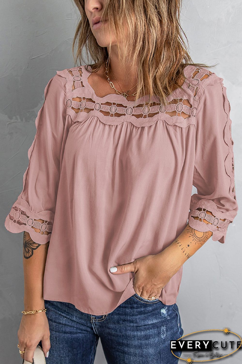 Pink Crochet Trim Hollow-out Blouse