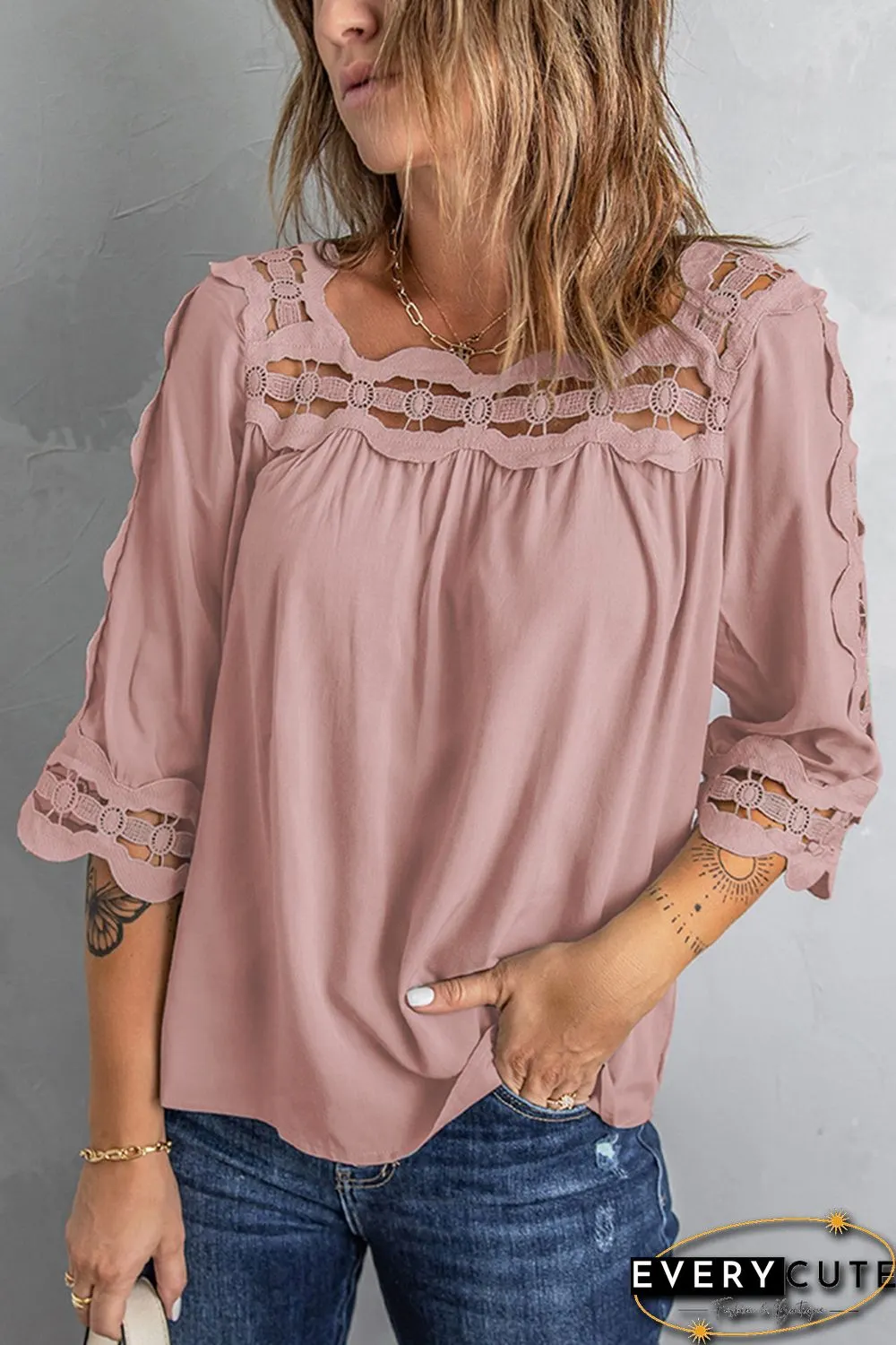 Pink Crochet Trim Hollow-out Blouse