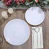 10 Pack | 10" Glossy White Round Plastic Dinner Plates With Gold Rim, Disposable Party Plates