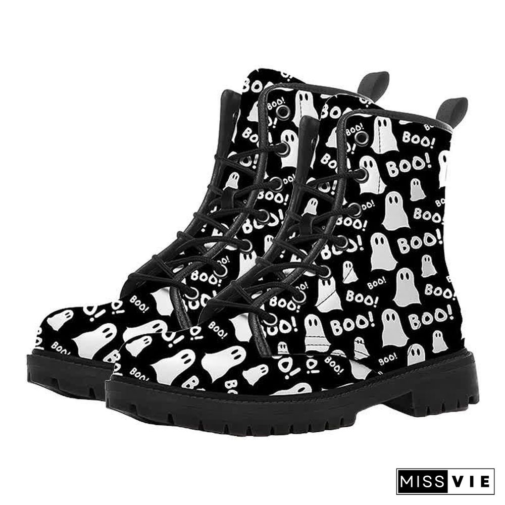 Halloween Dark Ghost Pumpkin Print Lace Up Boots