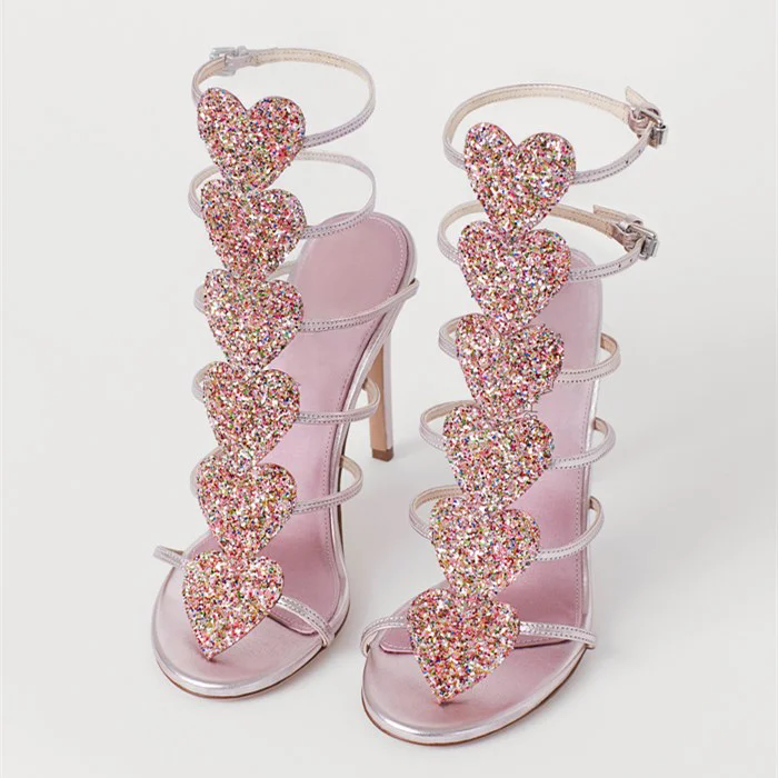 Pink Buckle Gladiator Heels Sandals with Colorful Rhinestones Nicepairs