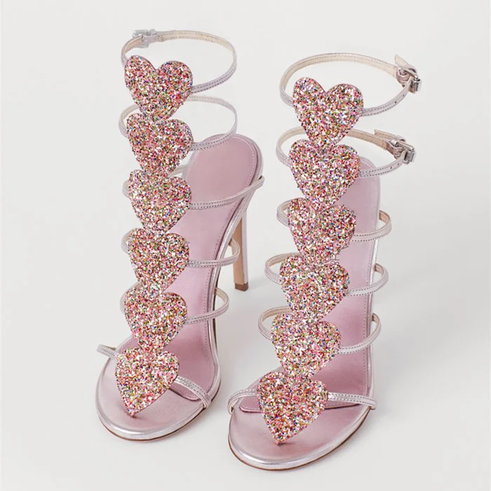 Pink Buckle Gladiator Heels Sandals with Colorful Rhinestones |FSJ Shoes