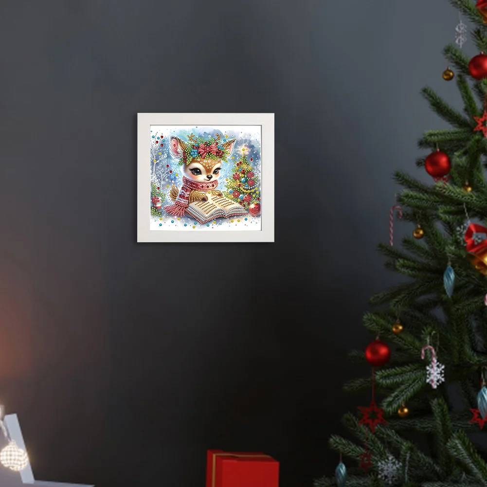 5D DIY Partial Special Shaped Drill Diamond Painting Christmas Deer Reading Home Kit 19.2x19.2cm【With Frame】