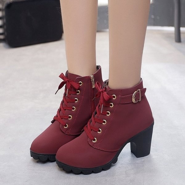 New High Quality Lace Up Ladies Shoes PU Leather High Heel Boots New Autumn Ladies Ankle Boots - Shop Trendy Women's Clothing | LoverChic