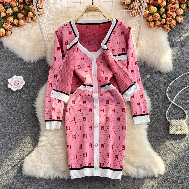 Fashion Autumn Women Knitted Dress 2 Piece Set Women Pink Printed Cardigan Coat + Chic Spaghetti Strap Bodycon Dresses Suits