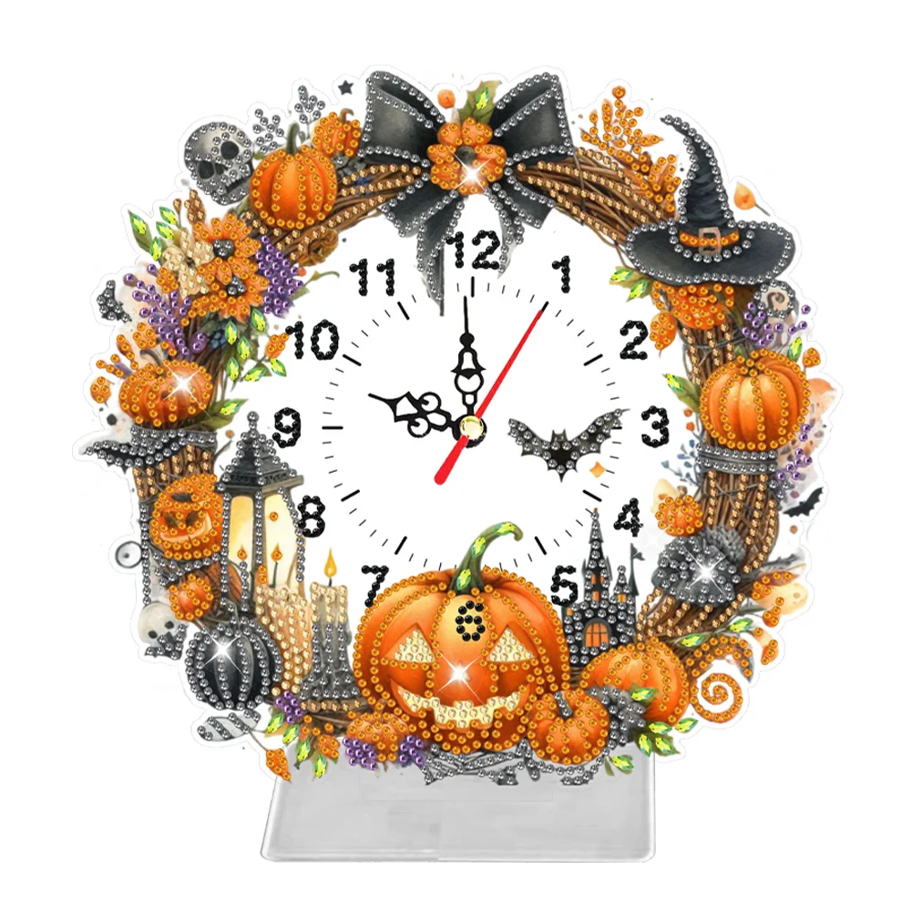 DIY Halloween Pumpkin Acrylic Special Shaped Diamond Painting Clock Desktop Decor