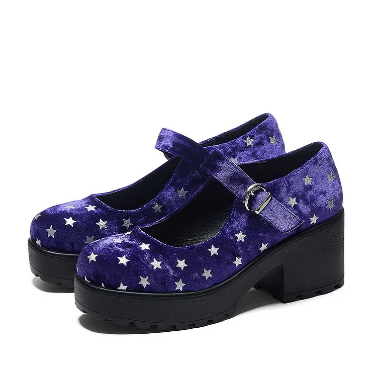 Purple Velvet Chunky Heel Platform Mary Janes with Star Detail |FSJ Shoes