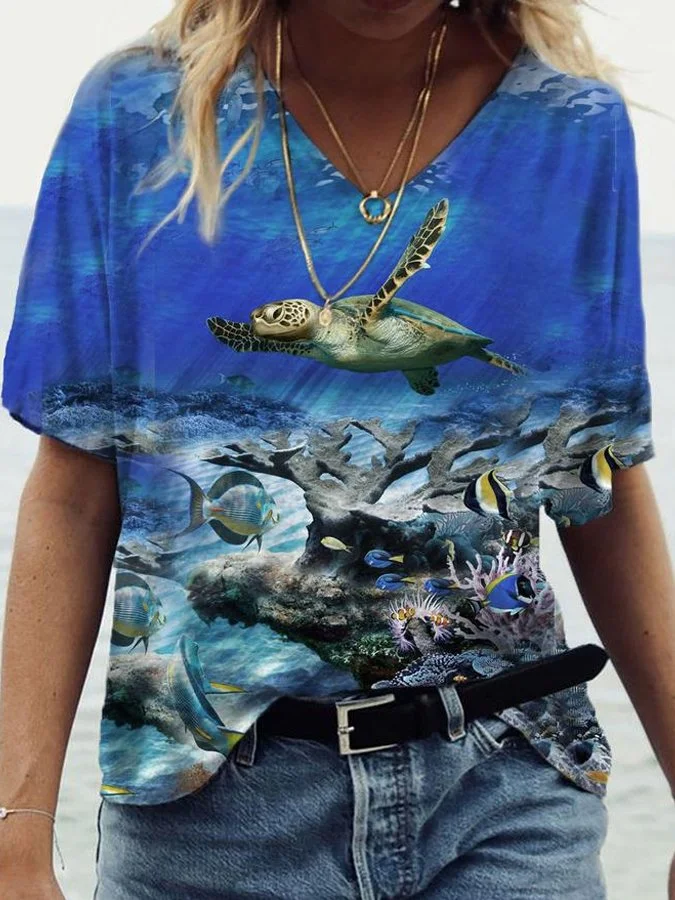 Women's Casual Turtle Print V-neck T-shirt