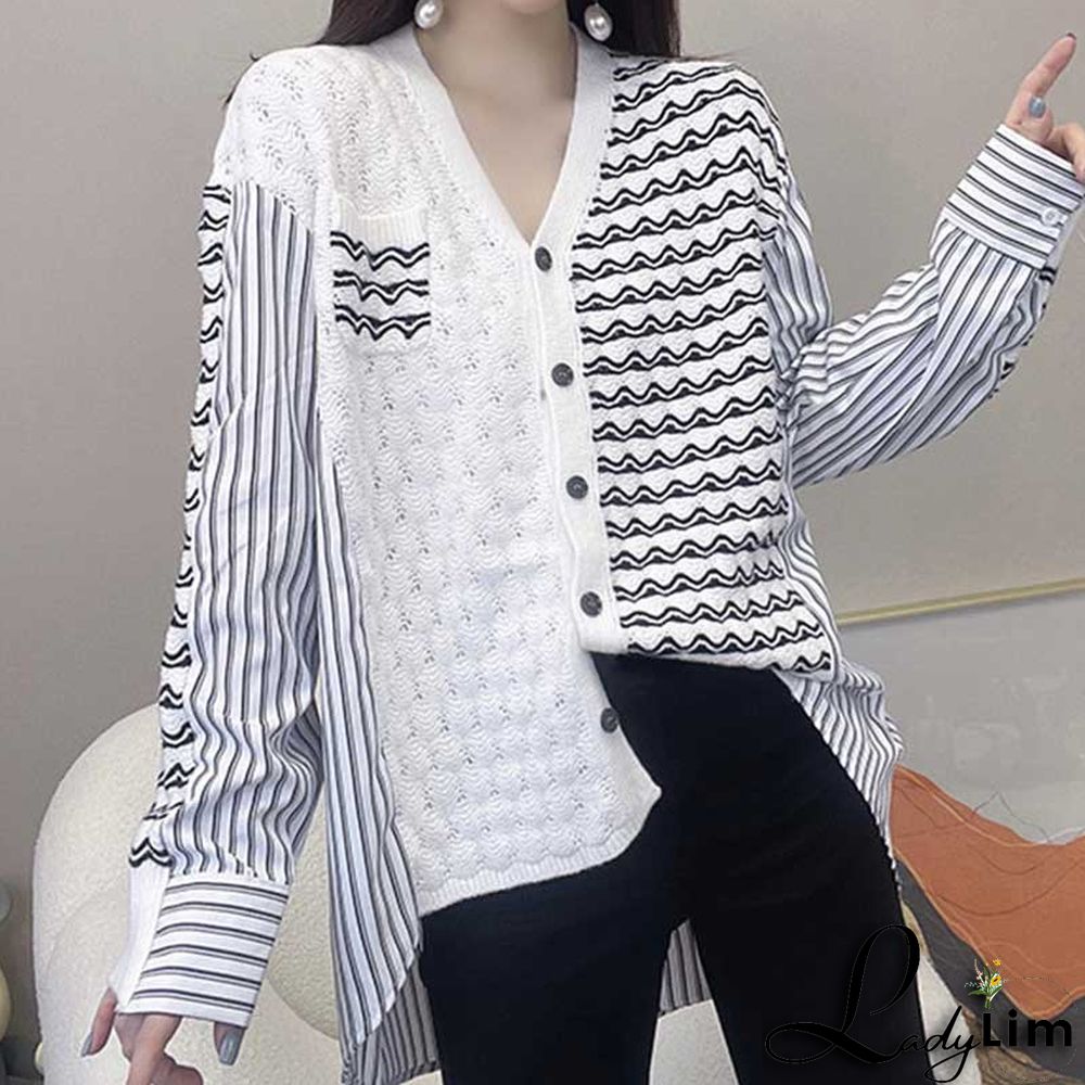 Colorblock Stripe Loose V-neck Cardigan Sweater Shirt