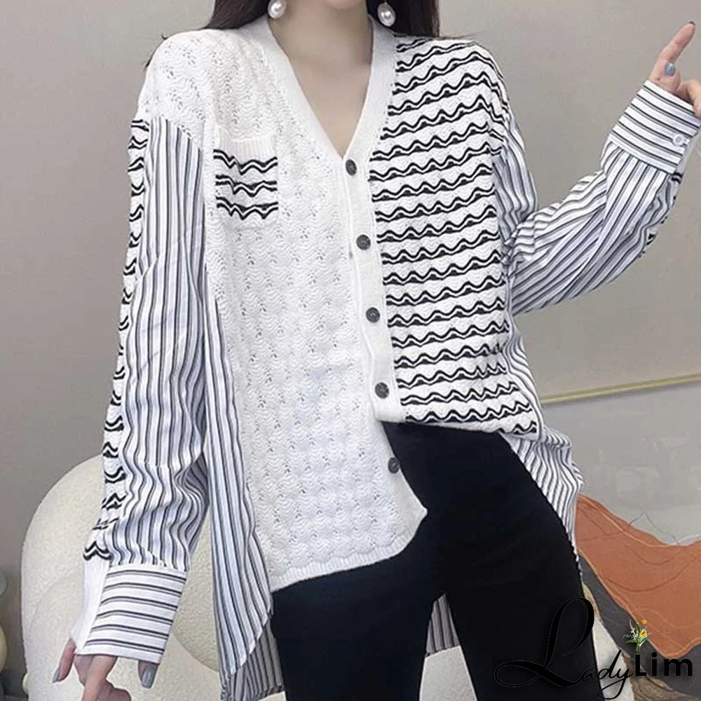 Colorblock Stripe Loose V-neck Cardigan Sweater Shirt