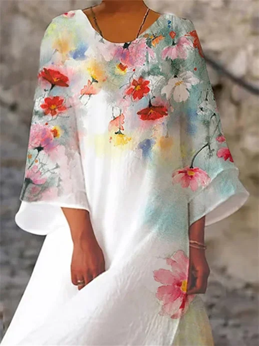 Women Half Sleeve V-neck Solid Color Dress