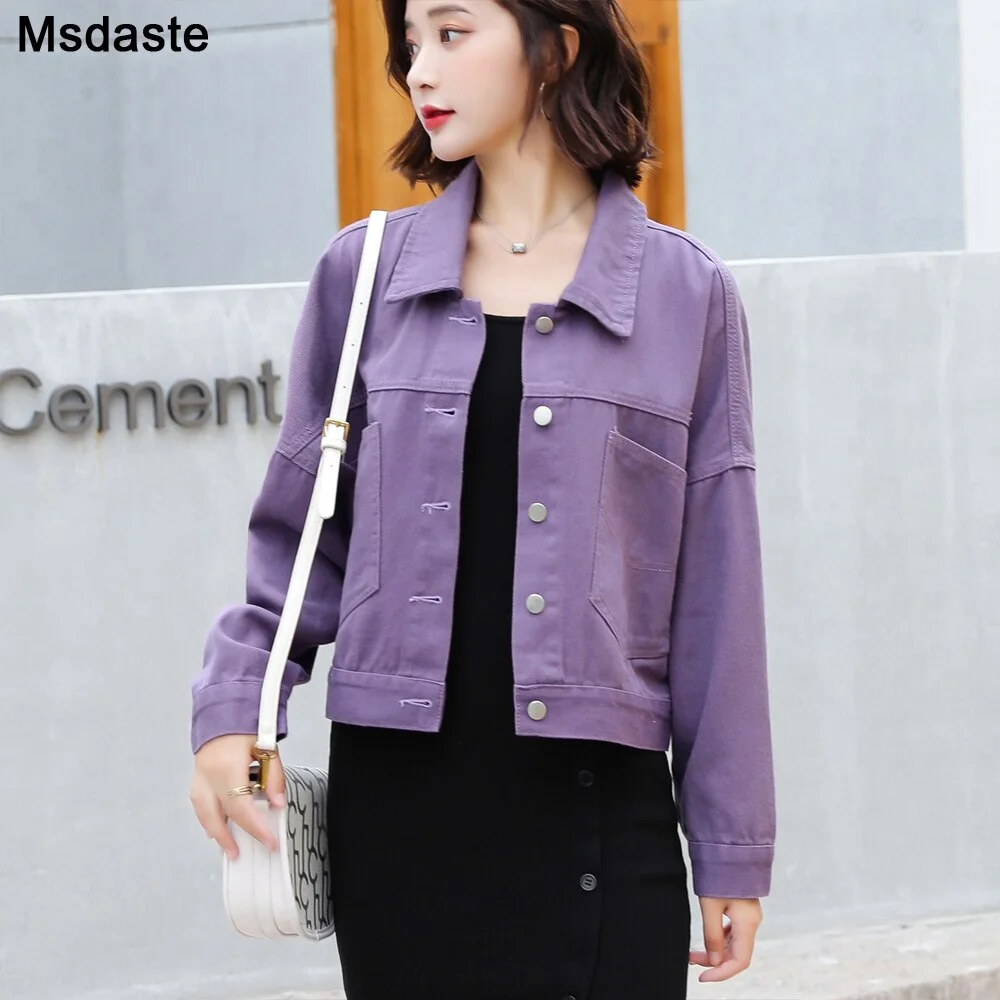 Women Jean Jacket Denim Coat Outerwear Big Pockets Lady Jeans Jackets Female Purple Pink Basic Casual Ladies Autumn Outer Coats