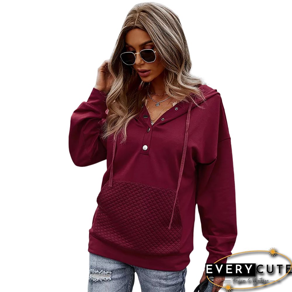 Solid Wine Red Button Collar Pocket Hoodie