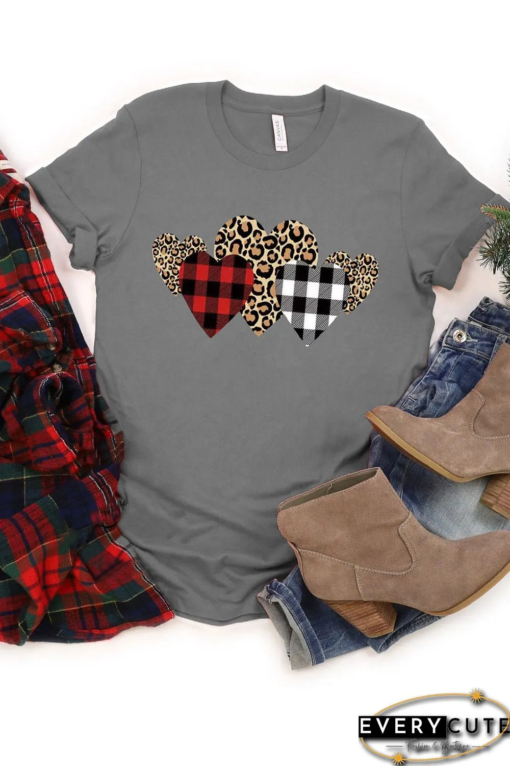 Leopard Plaid Heart Shape Print Gray Tee