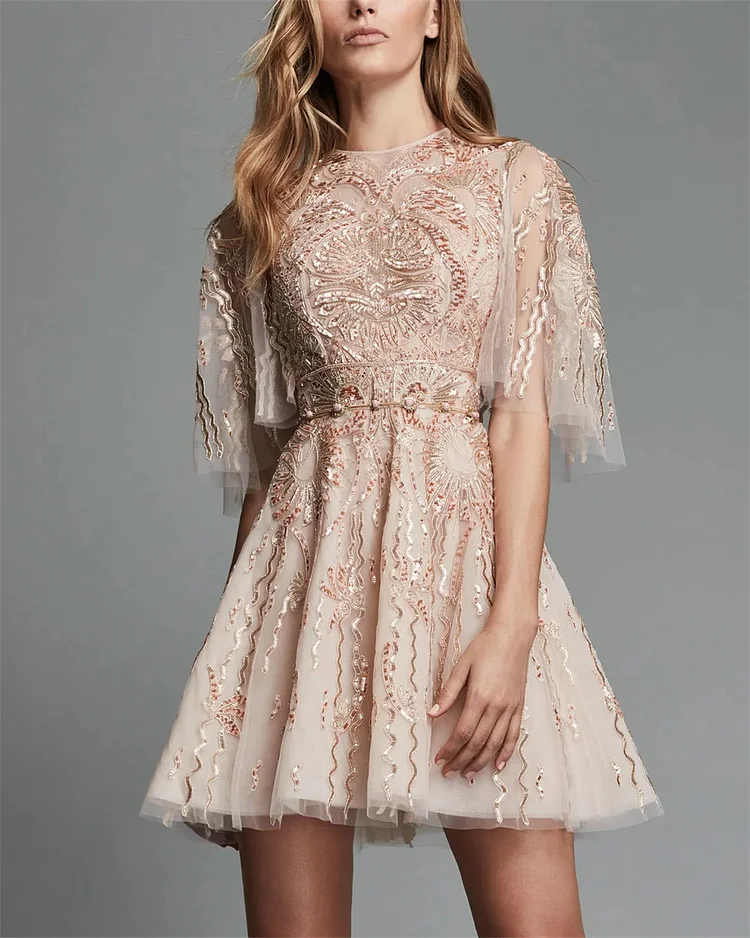 Women's Round Neck Mesh Sequin Embroidered Mini Dress