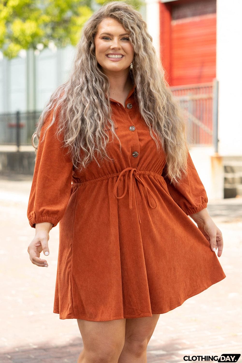 Plus Size High Waist Corduroy Dress