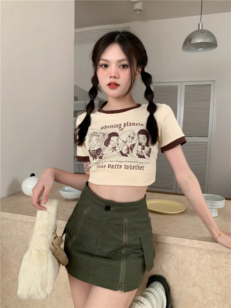 Brownm Brownm Summer Vintage Print T-Shirt Women's Color Round Neck Slim Short Sleeved Top Girl