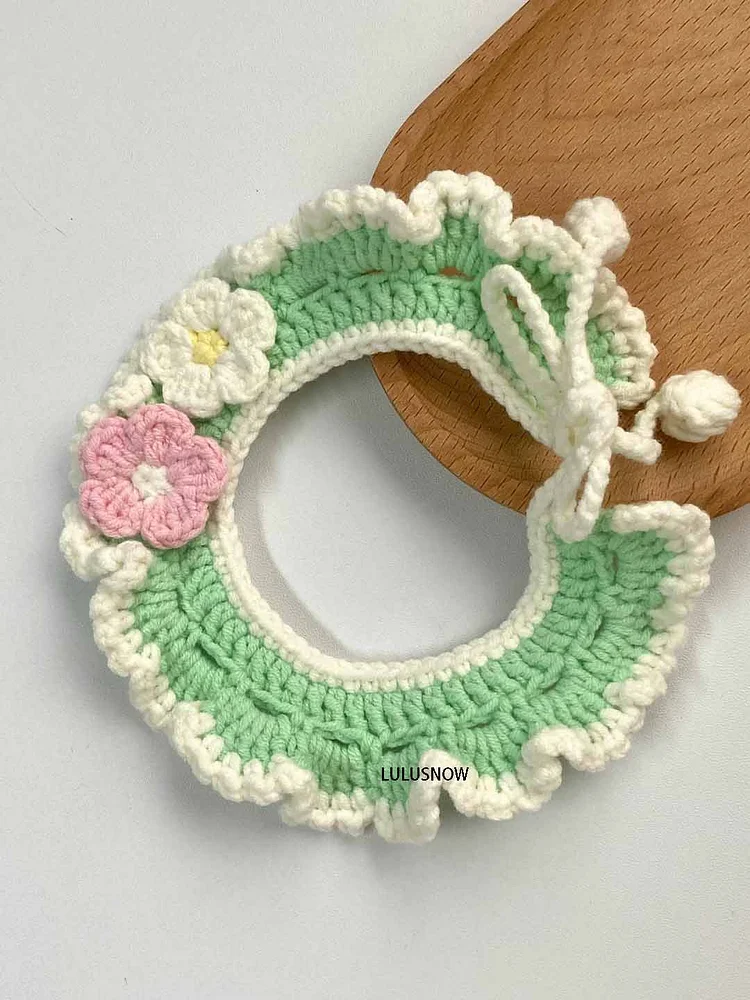 Lulusnow Handmade Green Flower Crochet Pet Collars/ Pet Holiday Outfit/ Festive Pet Accessories/ Gift For Pet