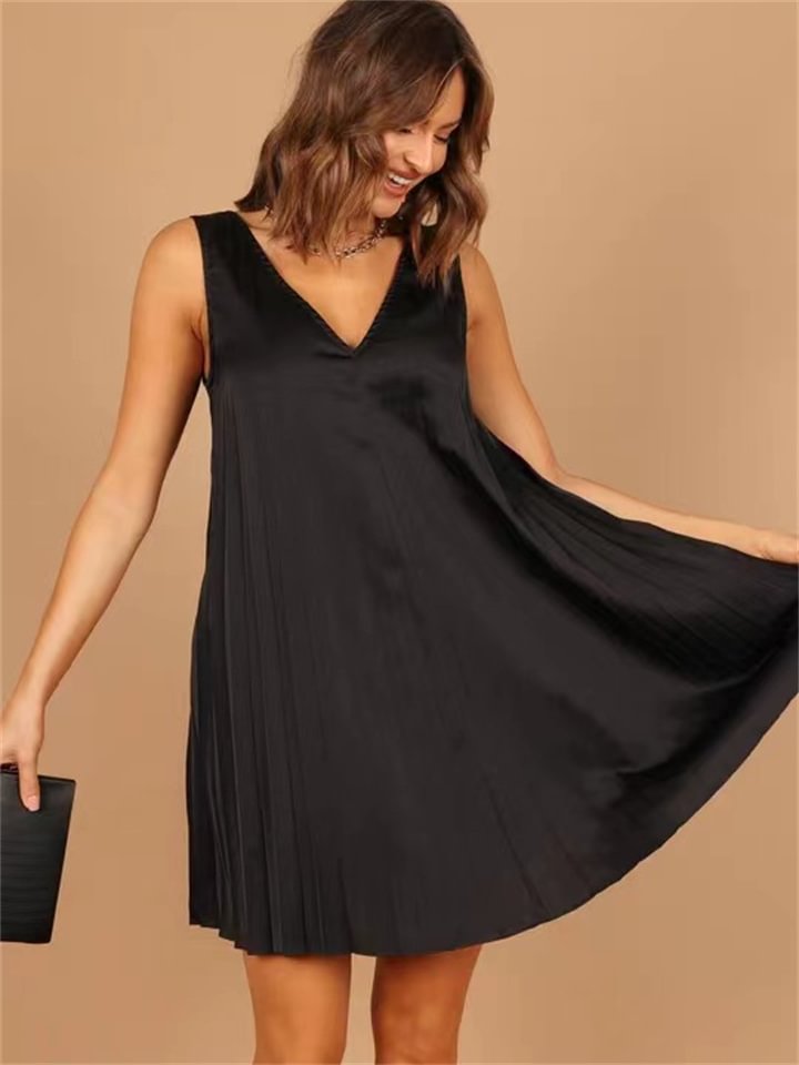Summer New Casual Dress Fashion Women's Solid Color V-neck Loose Pressure Pleated Dresses Black S-XL-Hoverseek