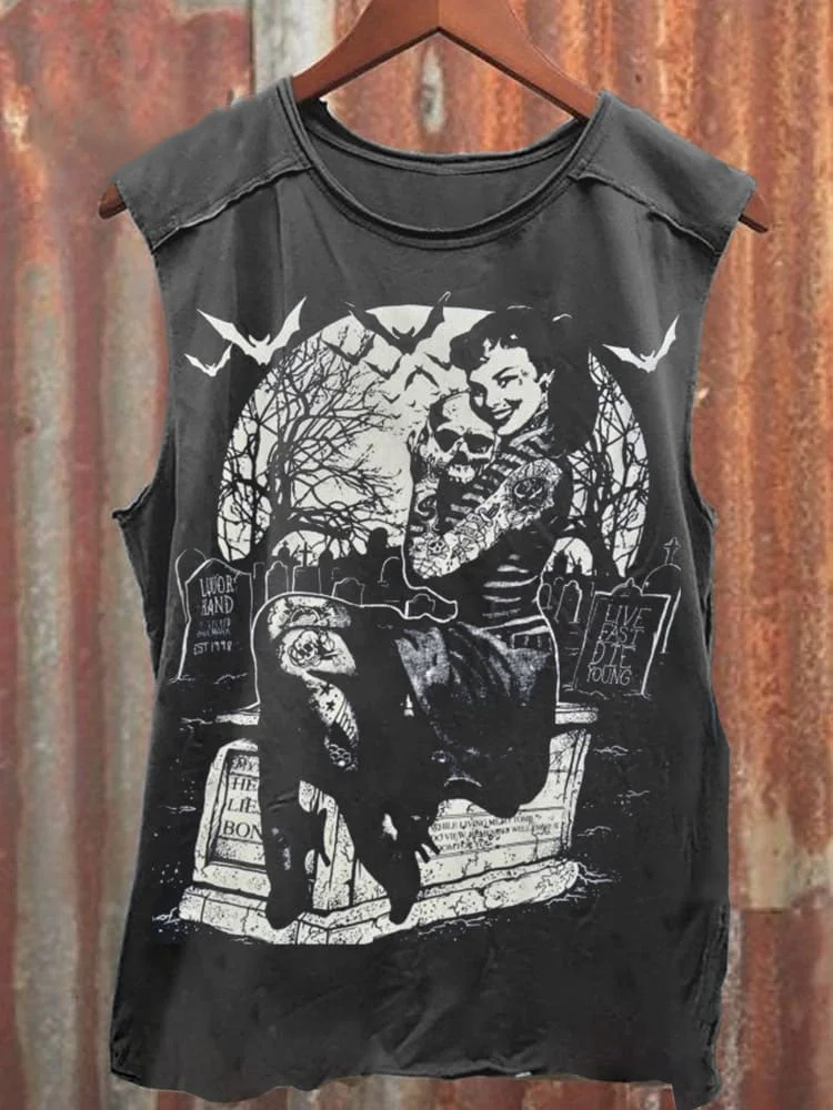 Unisex Retro Tattooed Girl Graveyard Skull Punk Print Casual Tank Top