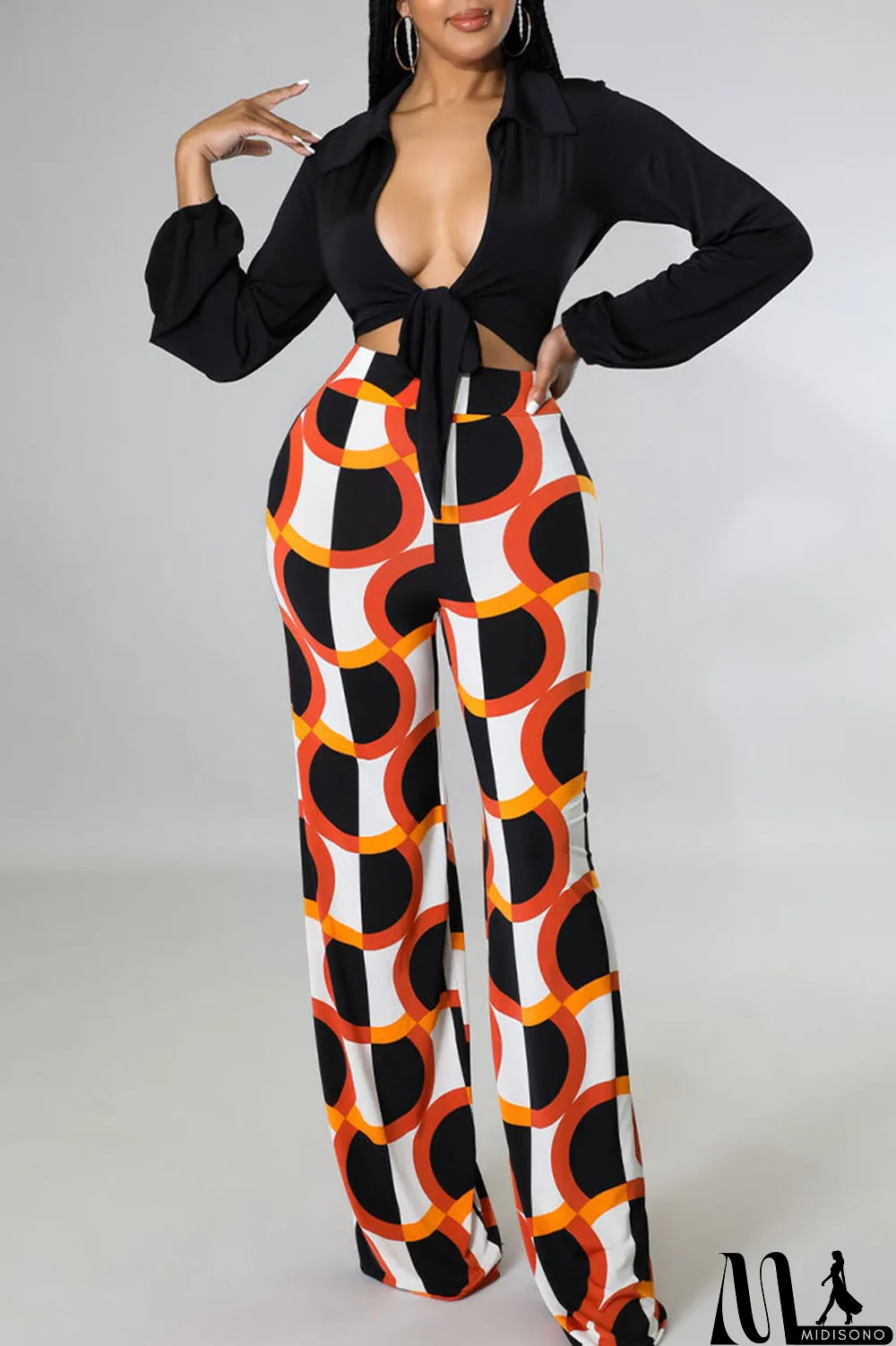 MidiSono - Black Casual Print Bandage Split Joint V Neck Long Sleeve Two Pieces