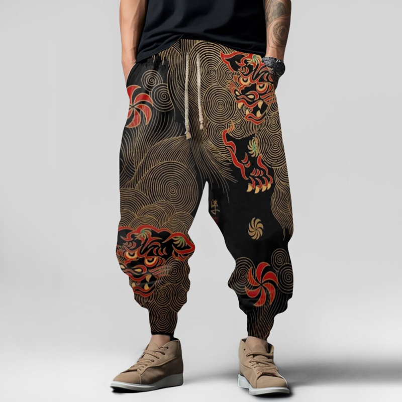 Japanese Art Mythical Animal Element Pattern Casual Loose Drawstring Waist Sweatpants wearshes